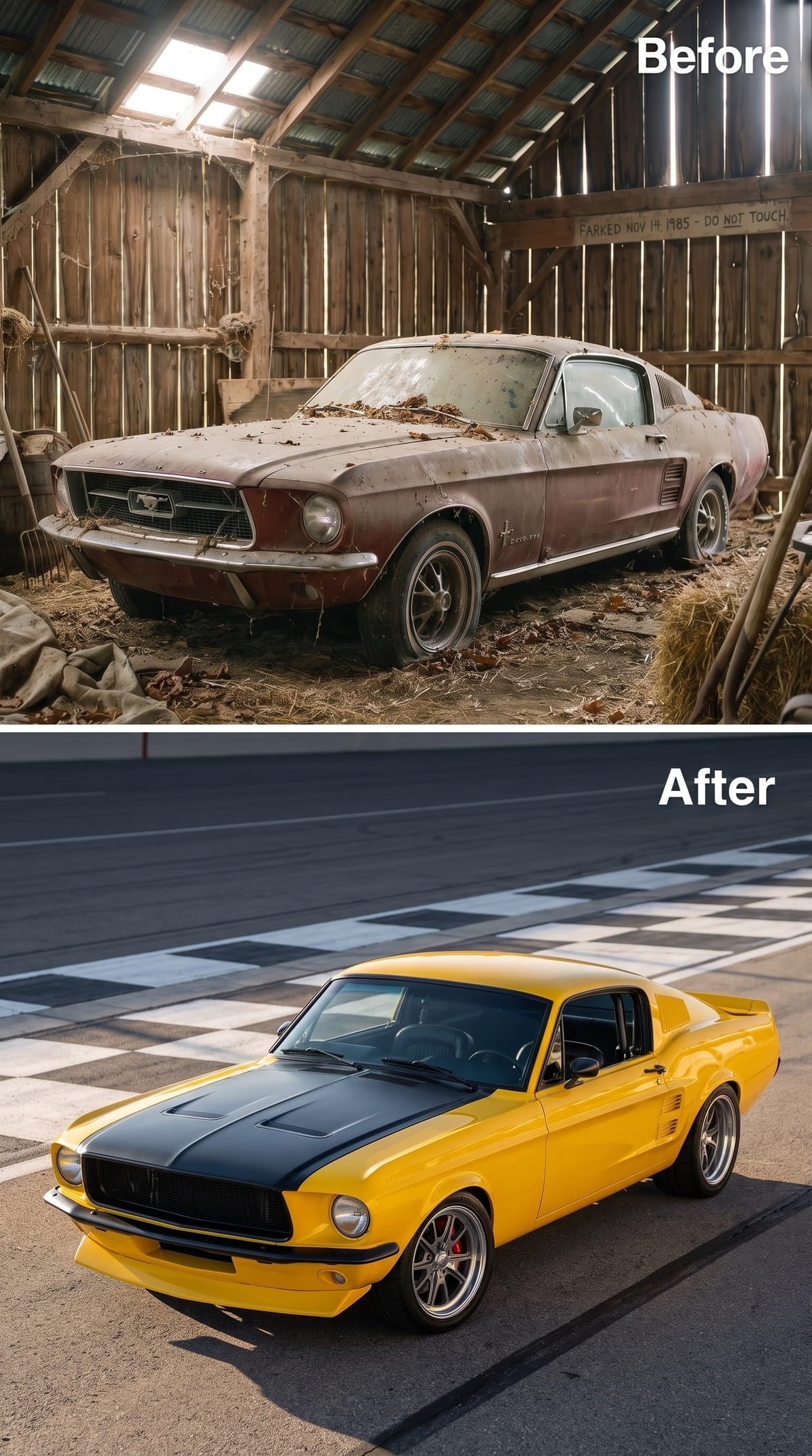 Yellow and black 1967 Mustang fastback at a drag-strip starting line