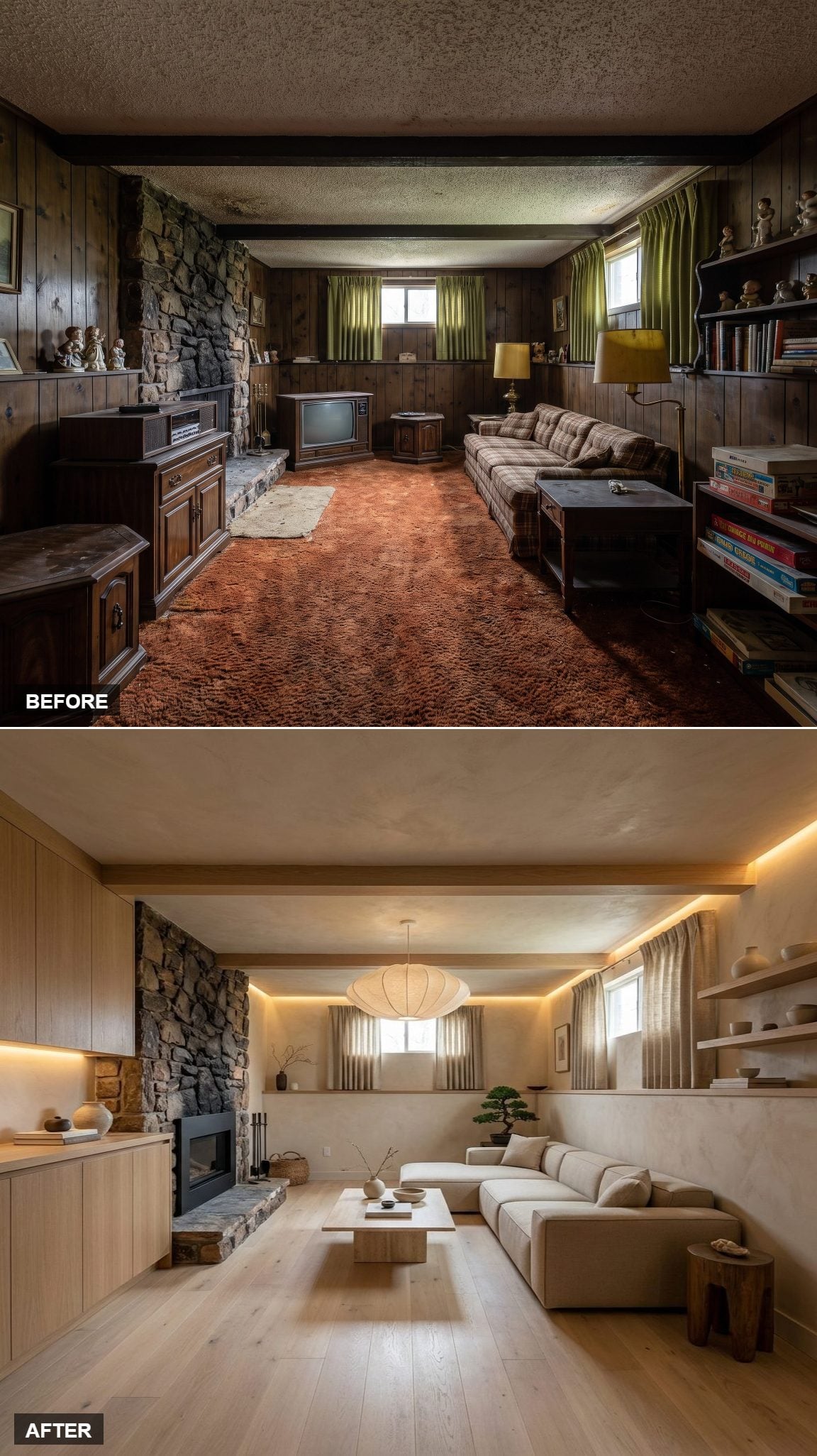The 1970s Den Gets a Japandi Makeover with Travertine and Troweled Plaster