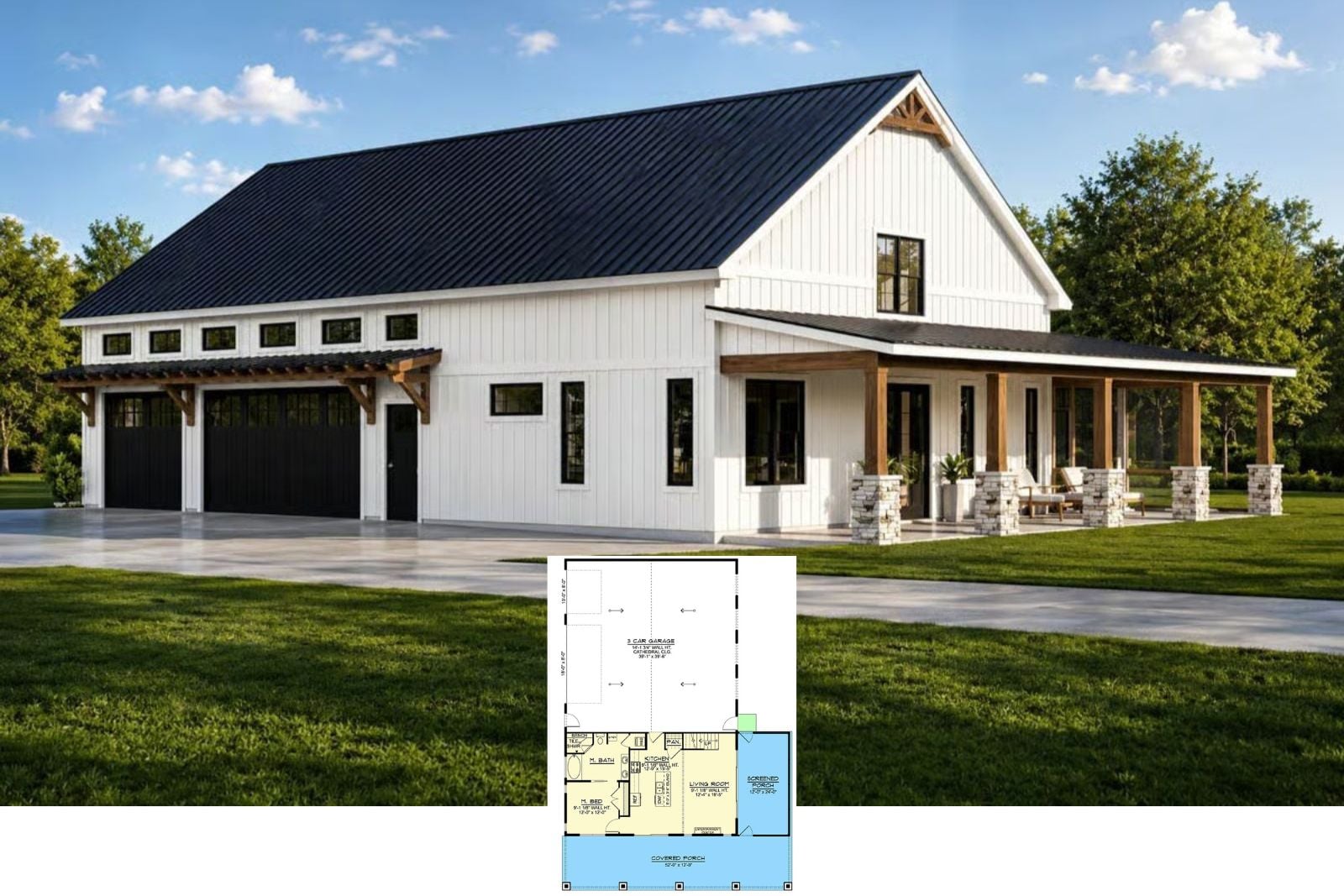 Get a Look at The Hearthmoor 2-Bedroom Barndominium House Plan with 3-Car Garage (1,373 Sq. Ft. Floor Plan)