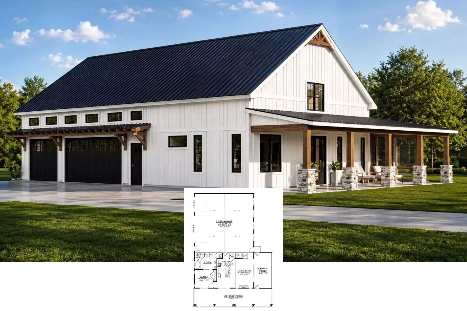 Take a Tour of The Chatterton 2-Bedroom Barndominium House Plan with Screened Porch (1,373 Sq. Ft. Floor Plan)