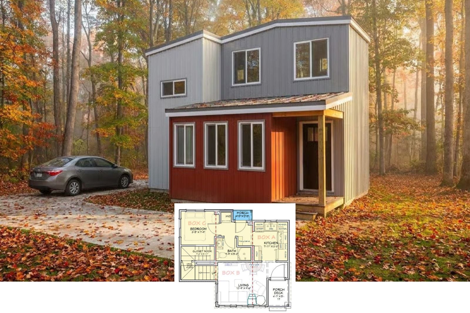 Forest Fold 2-Bedroom Modern Tiny House Plan with Loft Office (650 Sq. Ft. Floor Plan)