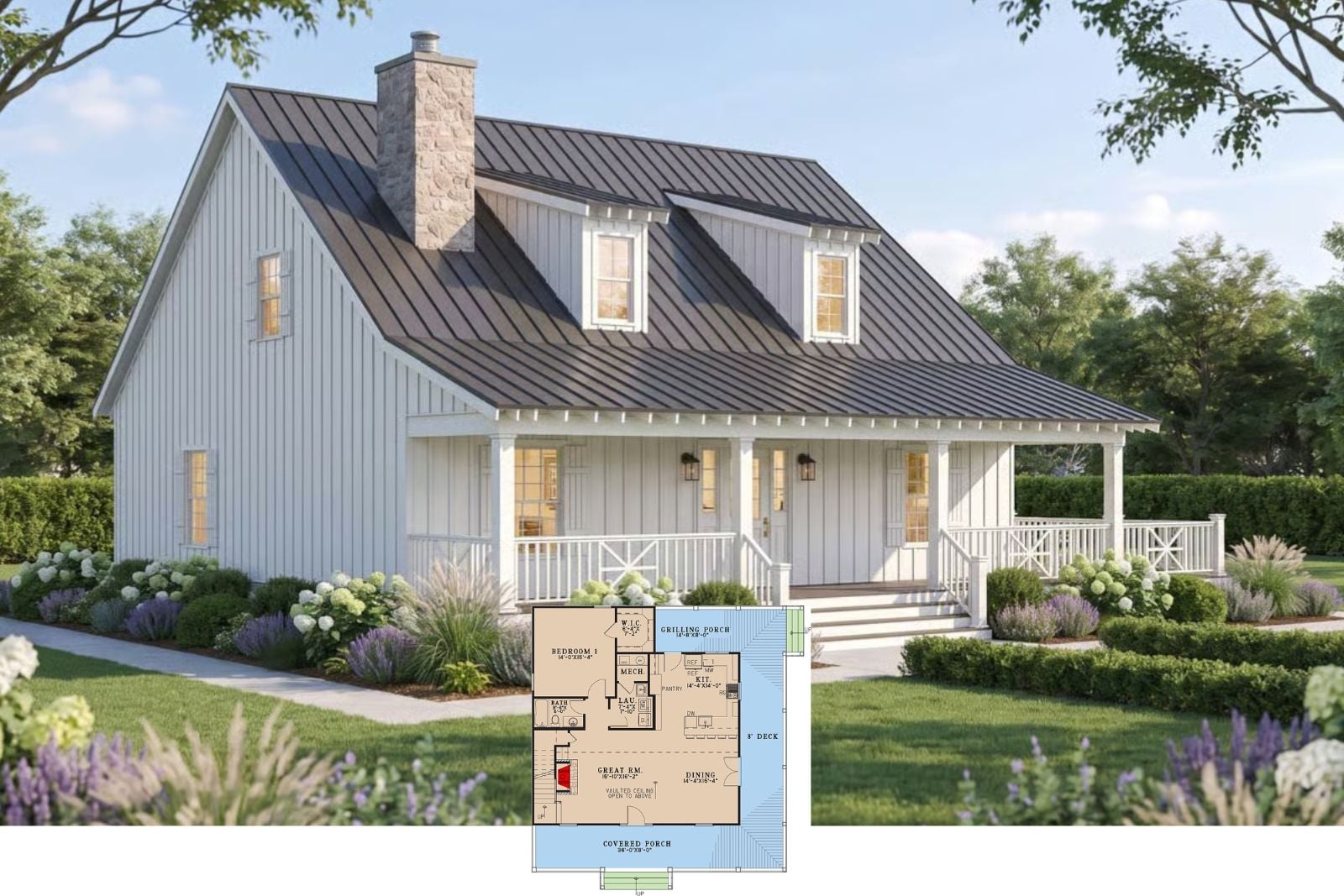 Rosemere 2-Bedroom Rustic Farmhouse Layout with Wraparound Porch (1,884 Sq. Ft. Floor Plan)