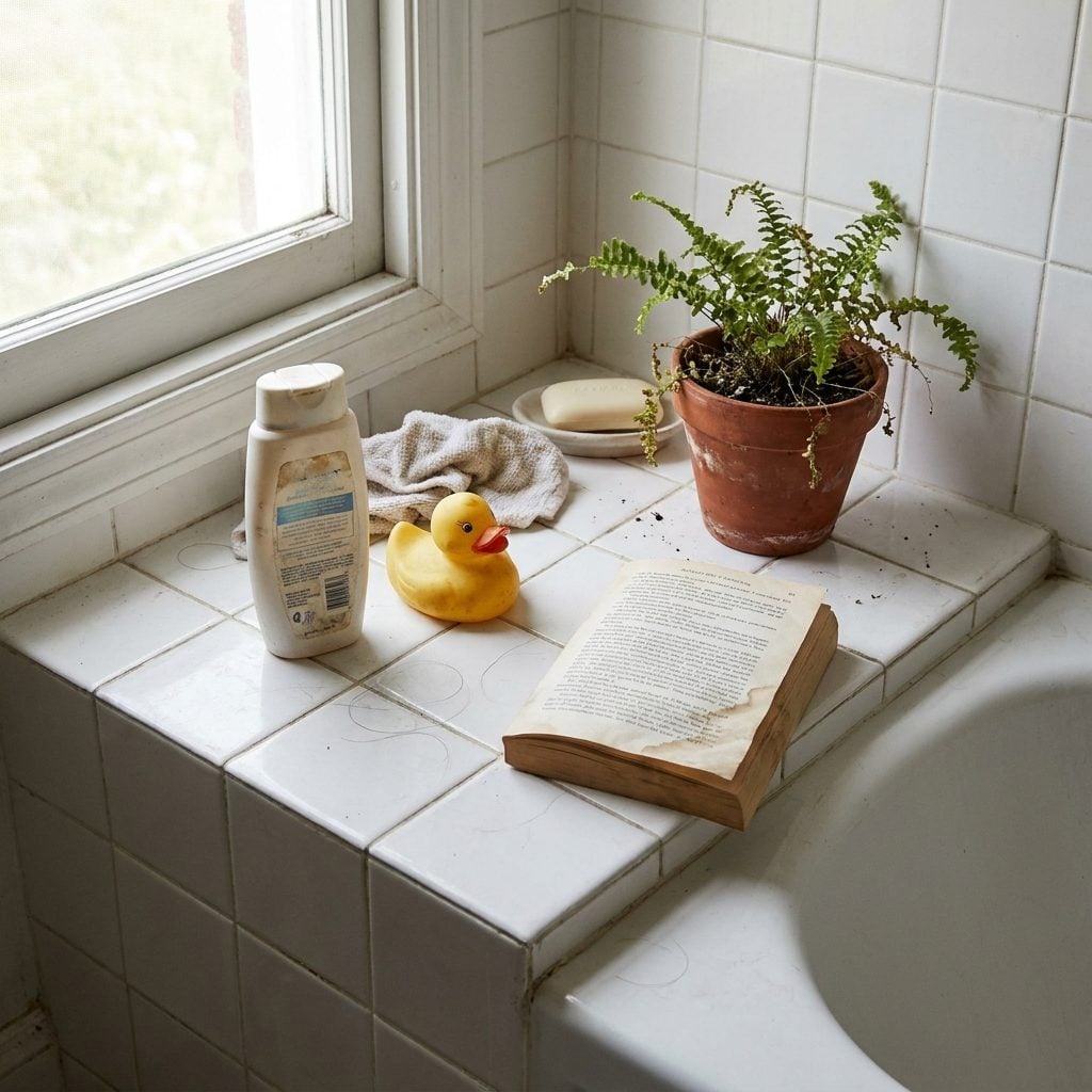 Built-in tub ledge wide enough for towels, soap, and a small plant