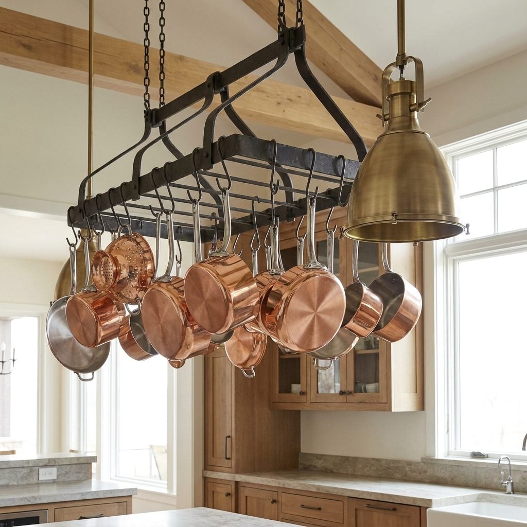 Hanging pot rack displaying frequently used kitchen cookware