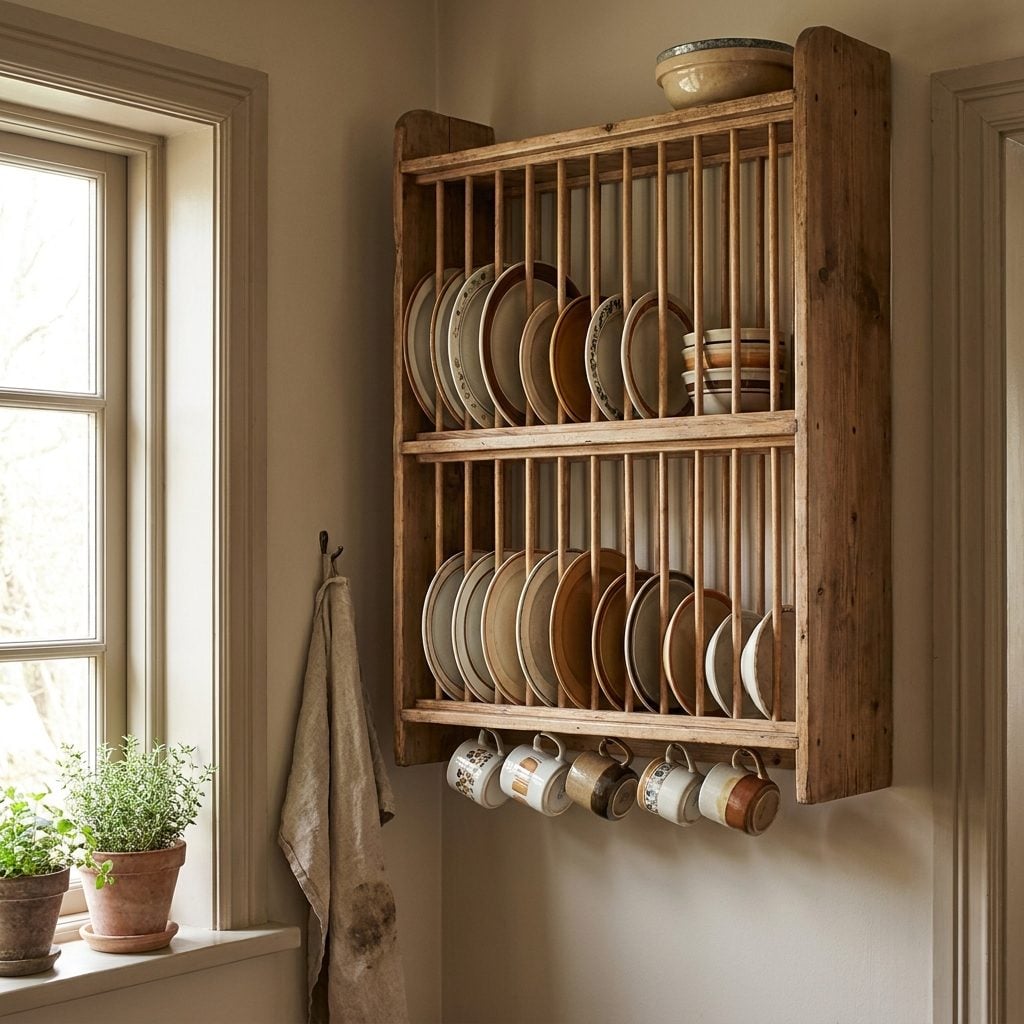 Open kitchen plate rack holding everyday dishes