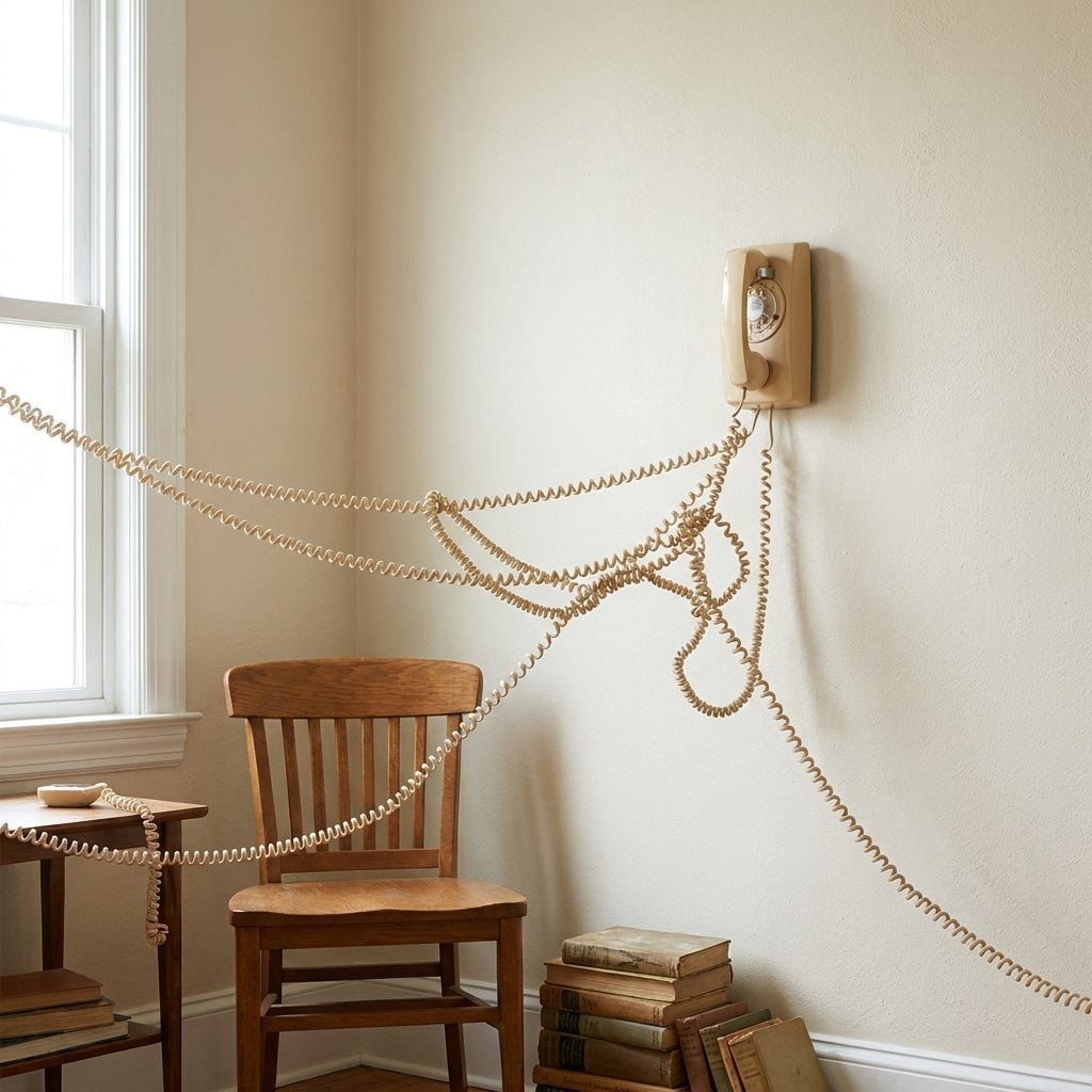 Wall telephone with an extra-long curly cord in a kitchen