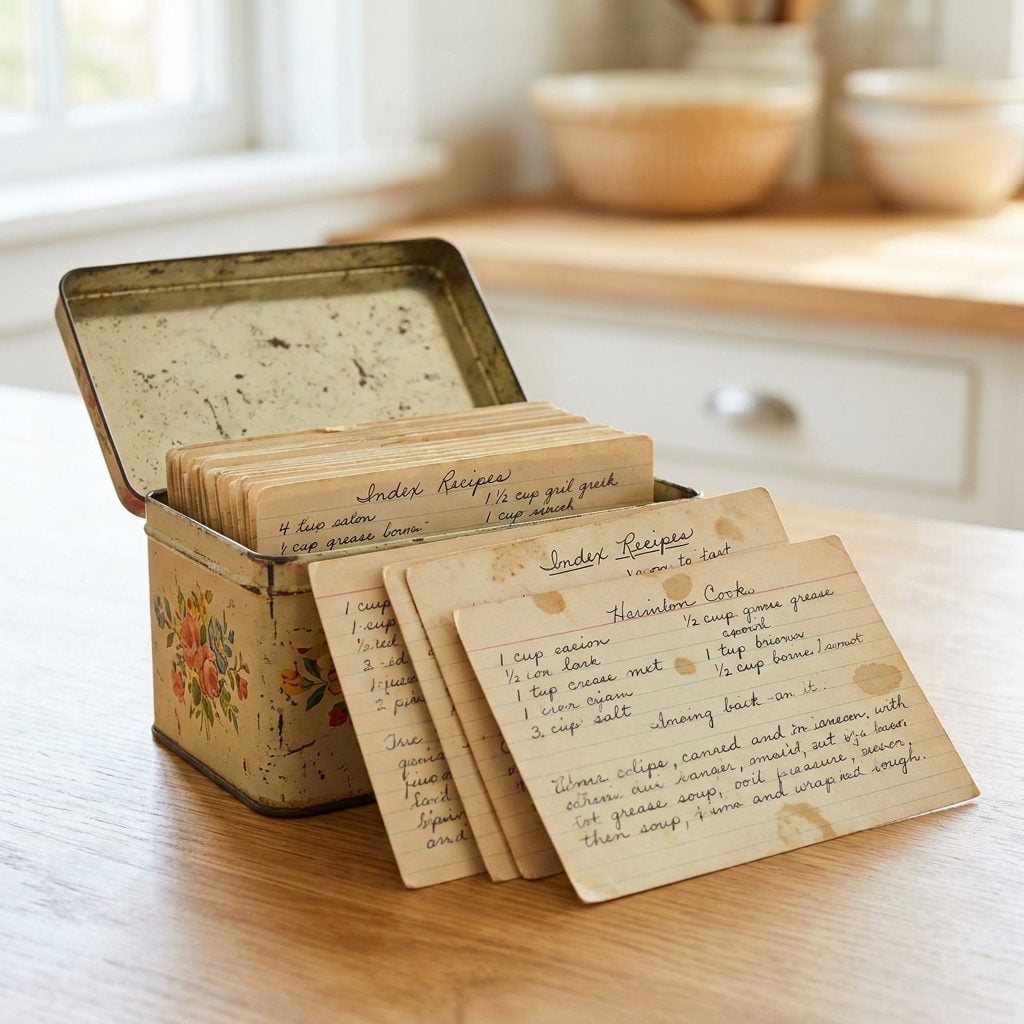 Recipe box filled with handwritten kitchen recipe cards