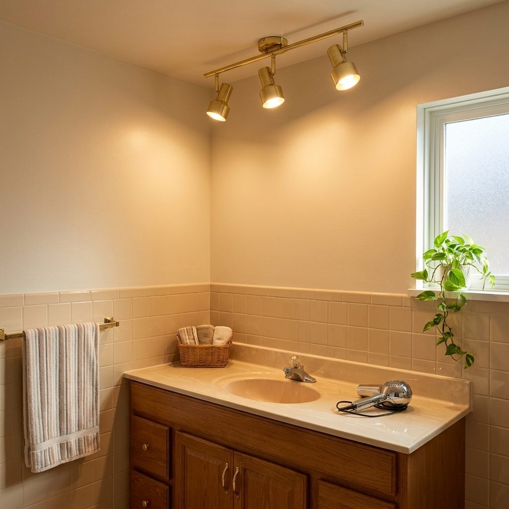 Track-lighting fixture aimed toward a bathroom vanity