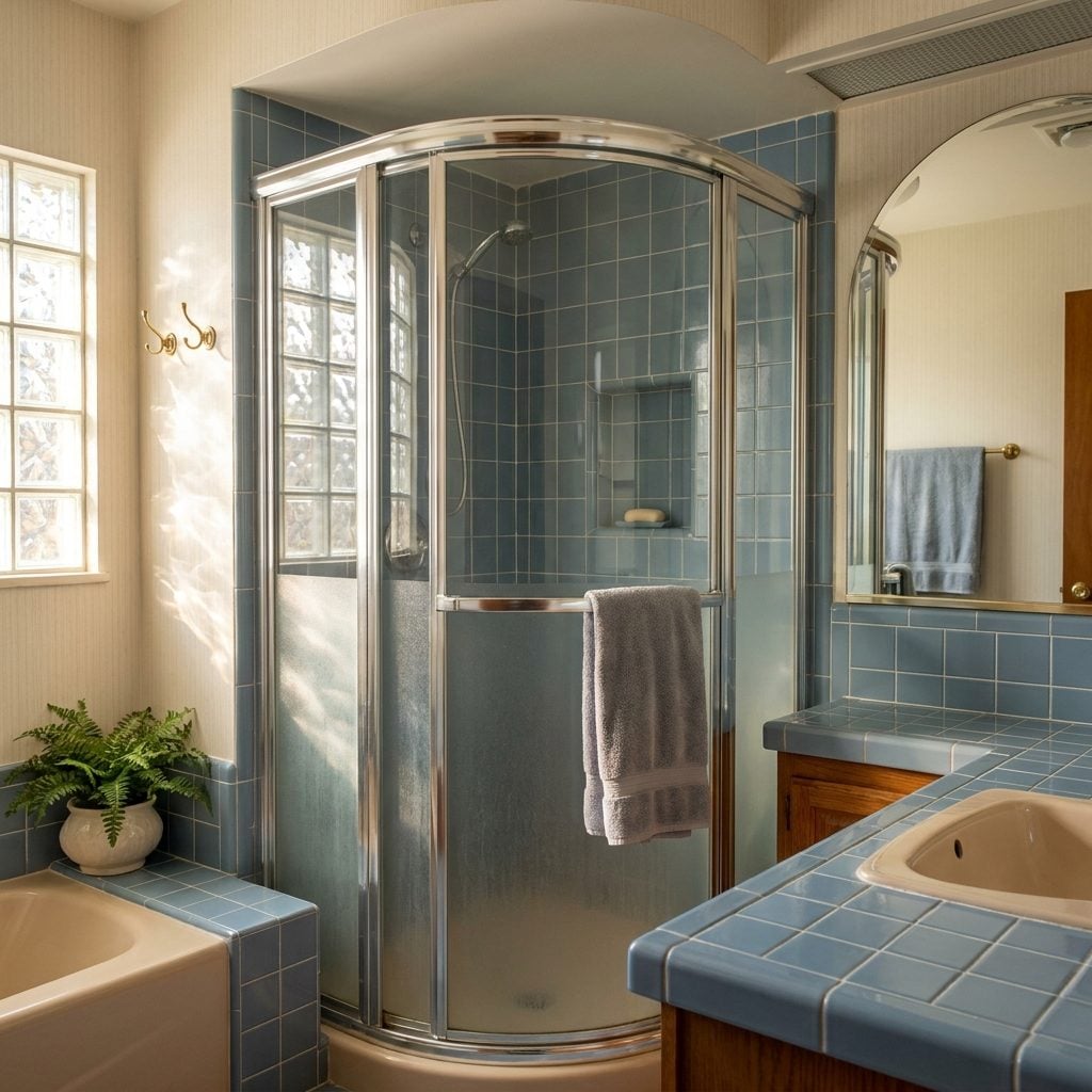 Corner shower with a rounded glass enclosure