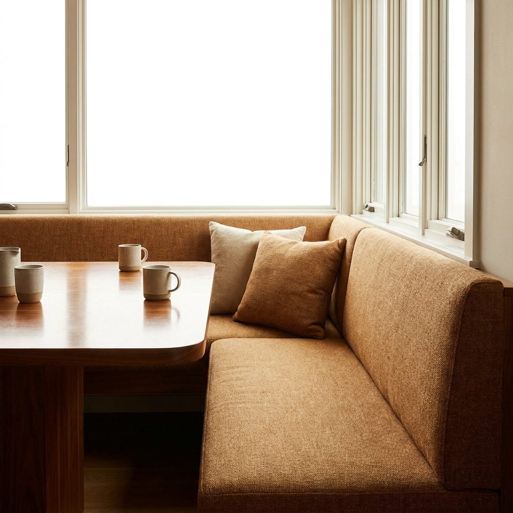 Built-in kitchen banquette seating a family around a table