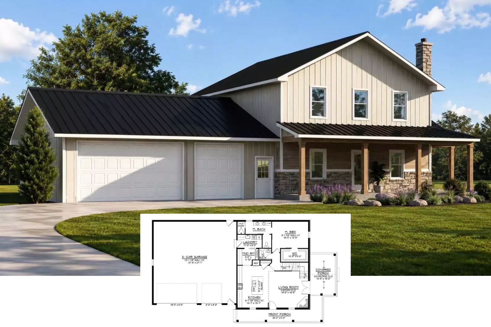 Welcome to The Bayton 3-Bedroom Barndominium House Plan with Upstairs Loft (2,268 Sq. Ft. Floor Plan)