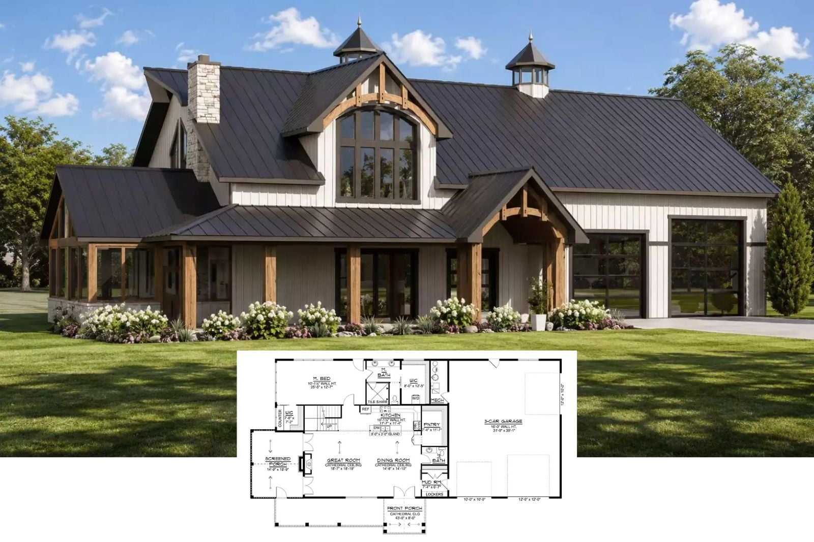 Boscomb 3-Bedroom Barndominium House Plan with Screened Porch (2,674 Sq. Ft. Floor Plan)
