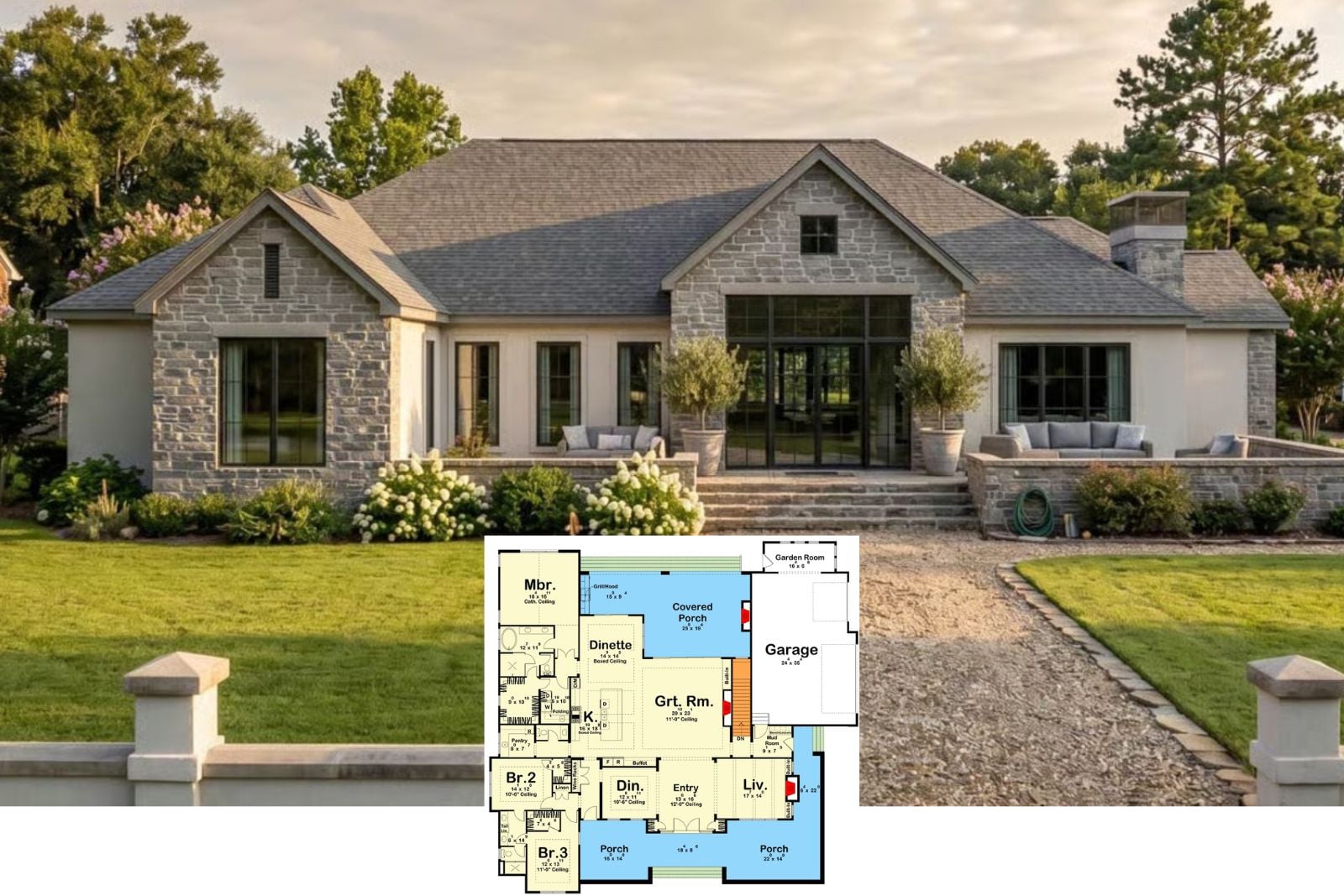Greymoor 5-Bedroom European Ranch House Plan with Home Theater (3,456 Sq. Ft. Floor Plan)