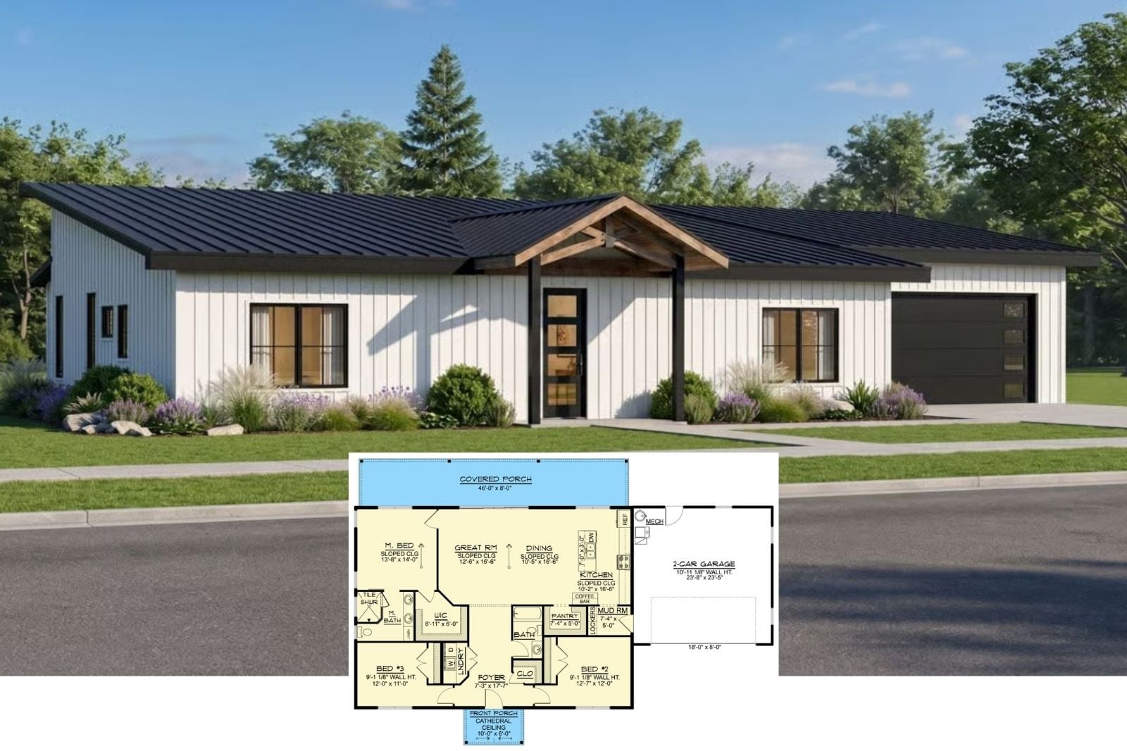 Birchpost 3-Bedroom Modern Ranch House Plan with Covered Porch (1,680 Sq. Ft. Floor Plan)