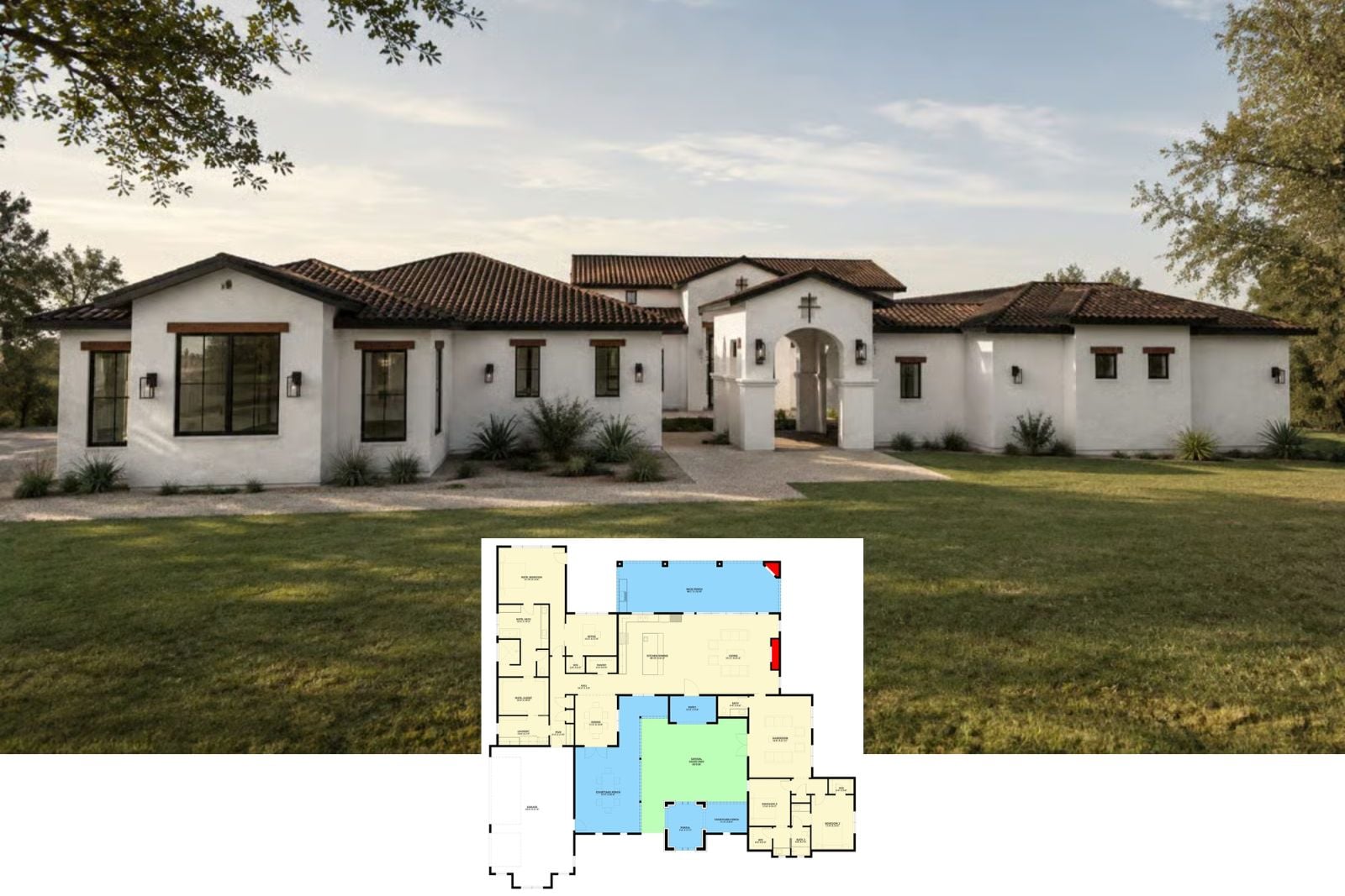 Tierra Vista 3-Bedroom Spanish Ranch House Plan with Courtyard Porch (3,557 Sq. Ft. Floor Plan)