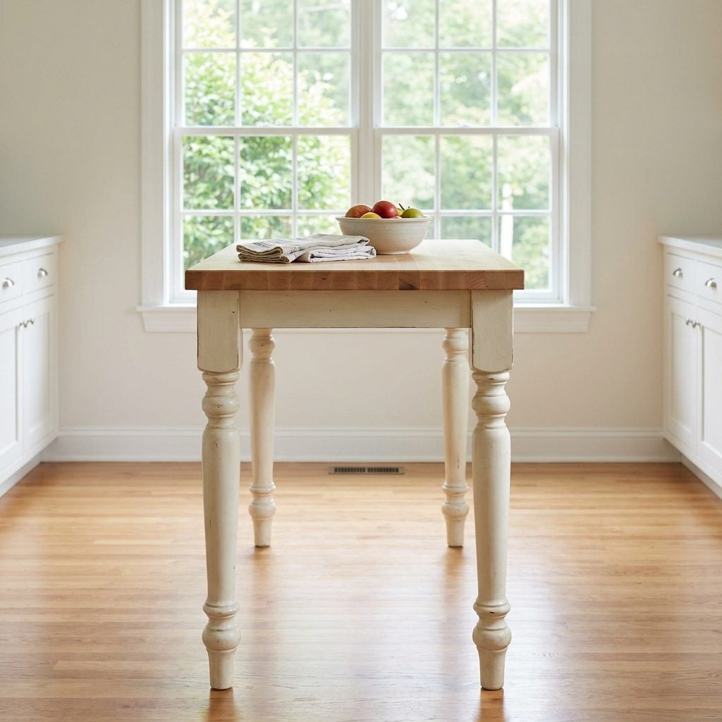 Furniture-like kitchen island with visible legs
