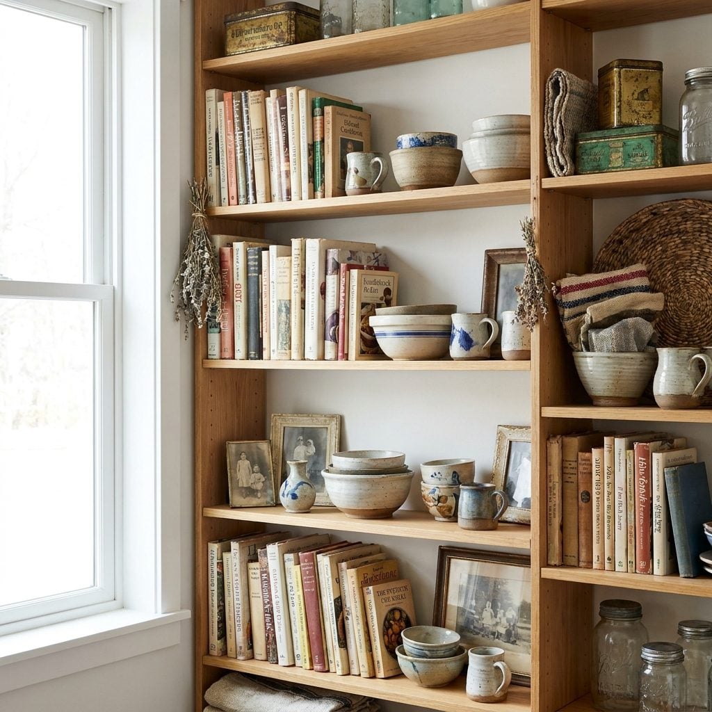 Kitchen shelves filled with cookbooks, pottery and family objects