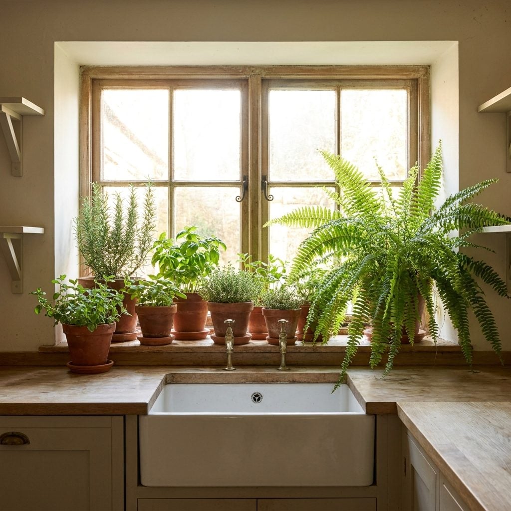 Plants and cooking herbs crowded along a sunny kitchen window