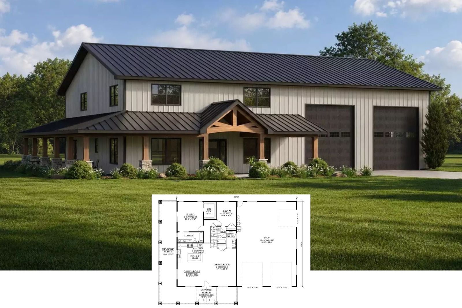 Beartree 4-Bedroom Barndominium House Plan with Shop (2,607 Sq. Ft. Floor Plan)