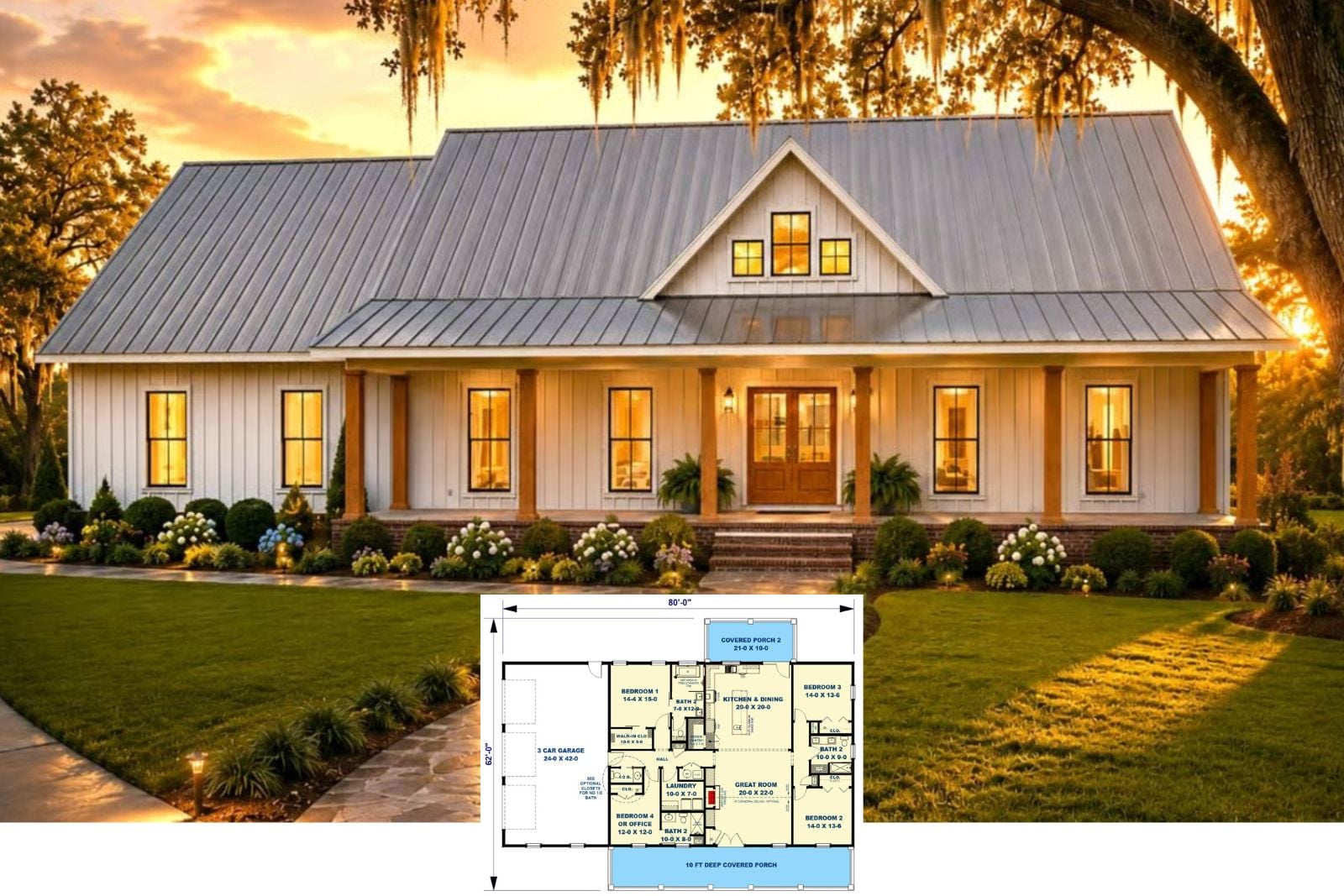 Oakmere 4-Bedroom Modern Farmhouse Ranch House Plan with Deep Front Porch (2,352 Sq. Ft. Floor Plan)