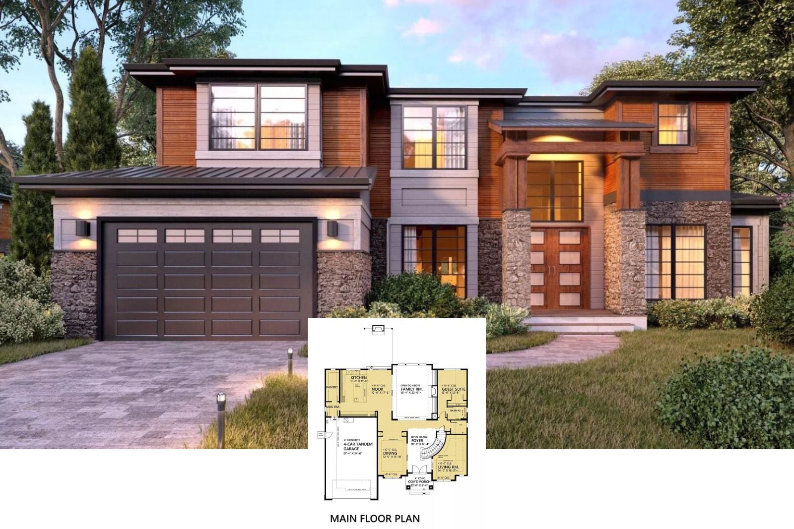 Redwood Haven 5-Bedroom Contemporary House Plan with 4-Car Tandem Garage (4,073 Sq. Ft. Floor Plan)