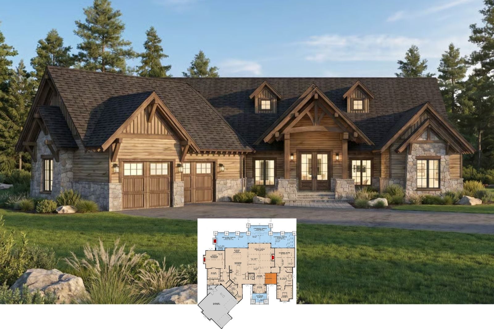 Bearstone 5-Bedroom Rustic Mountain Cabin House Plan with Walkout Basement (5,543 Sq. Ft. Floor Plan)