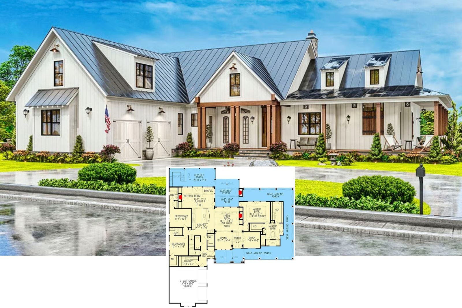 Introducing The Old Glory 7-Bedroom Country Farmhouse Layout with Wraparound Porch (2,790 Sq. Ft. Floor Plan)