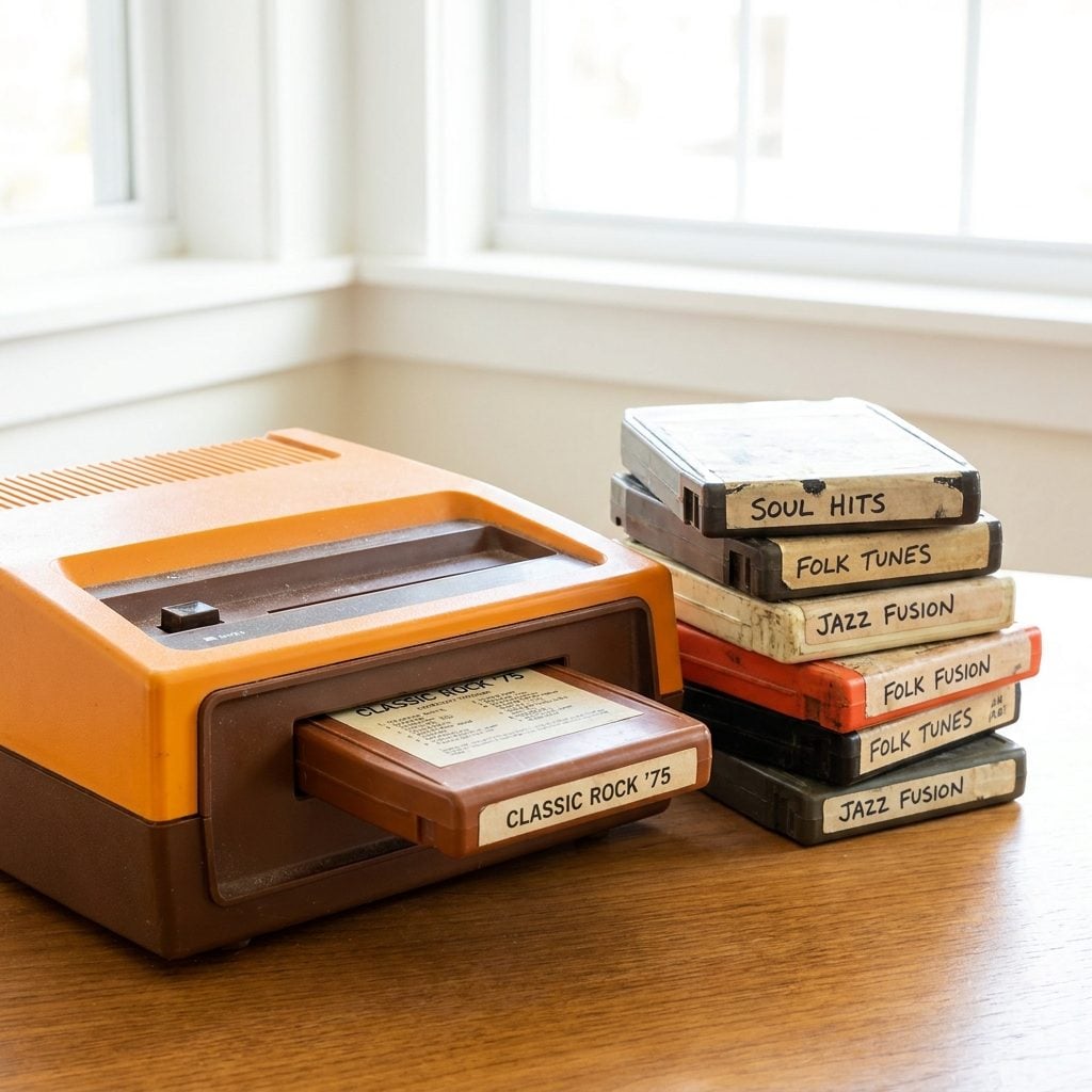 The 8-Track Player and the Stack of Cartridges Beside the Stereo