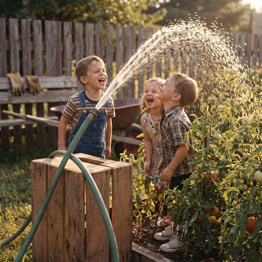 A child watering a backyard vegetable garden with a hose