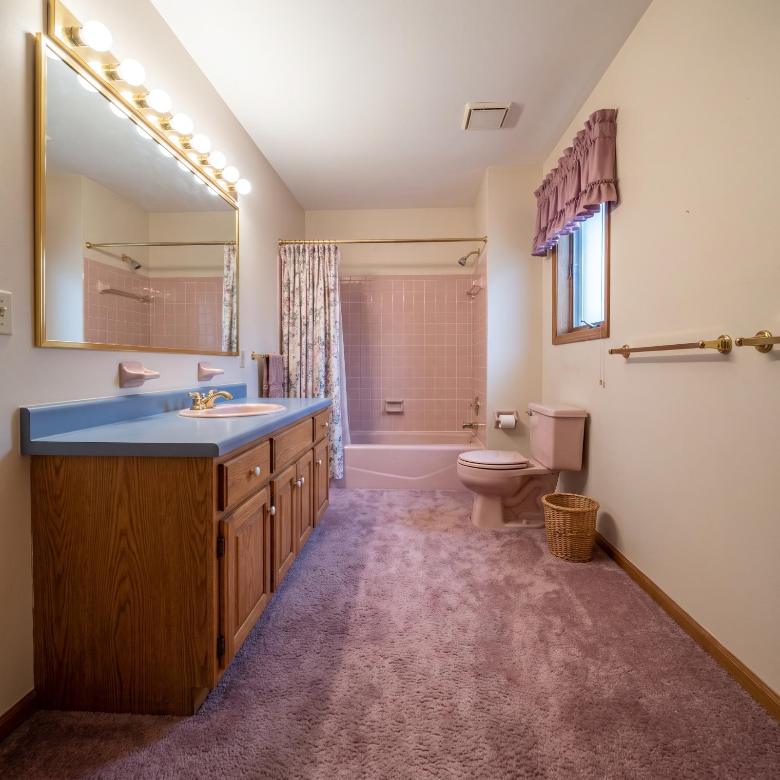 Carpeted 1980s bathroom reimagined through 25 before-and-after design concepts