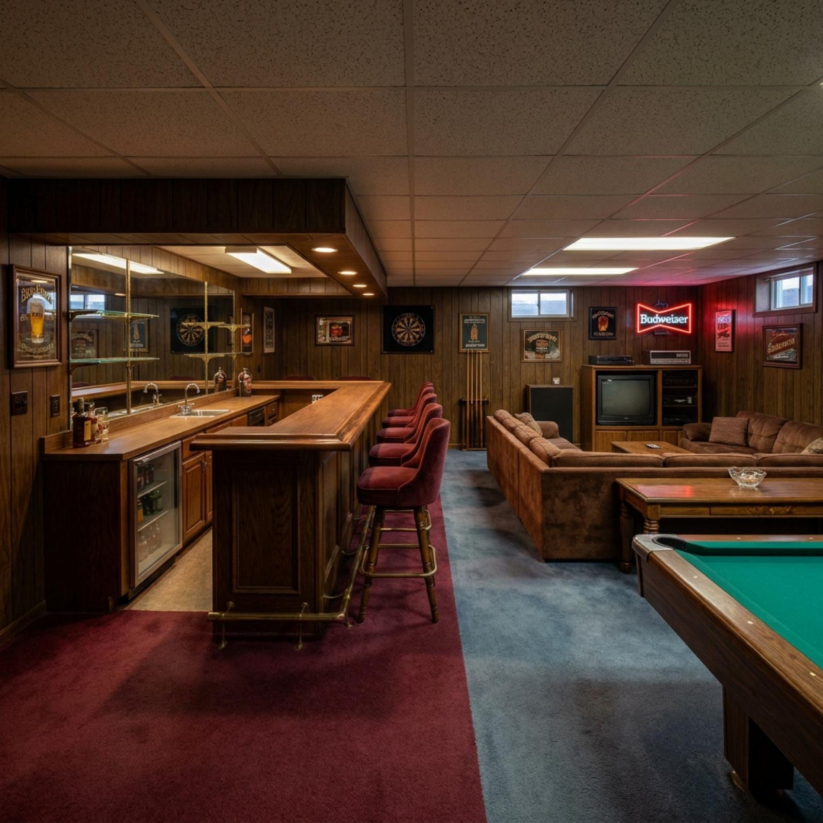 Dark 1980s wet bar and rec room before 32 redesign concepts