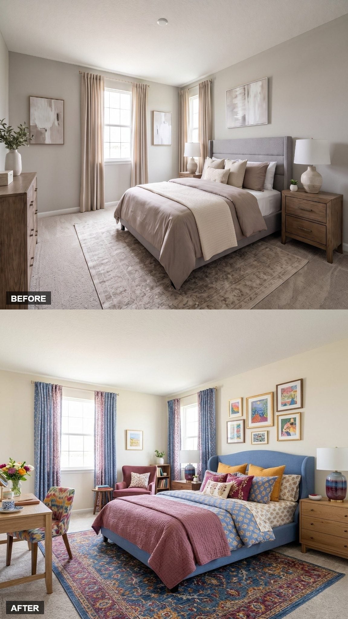 Blue Wingback Headboard, a Gallery Wall, and Wildly Good Curtains Made It Hers
