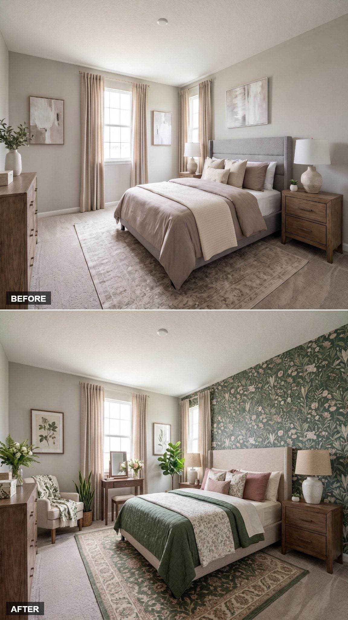 Botanical Wallpaper and Forest Green Bedding Gave Her Master Bedroom a Garden's Quiet Confidence