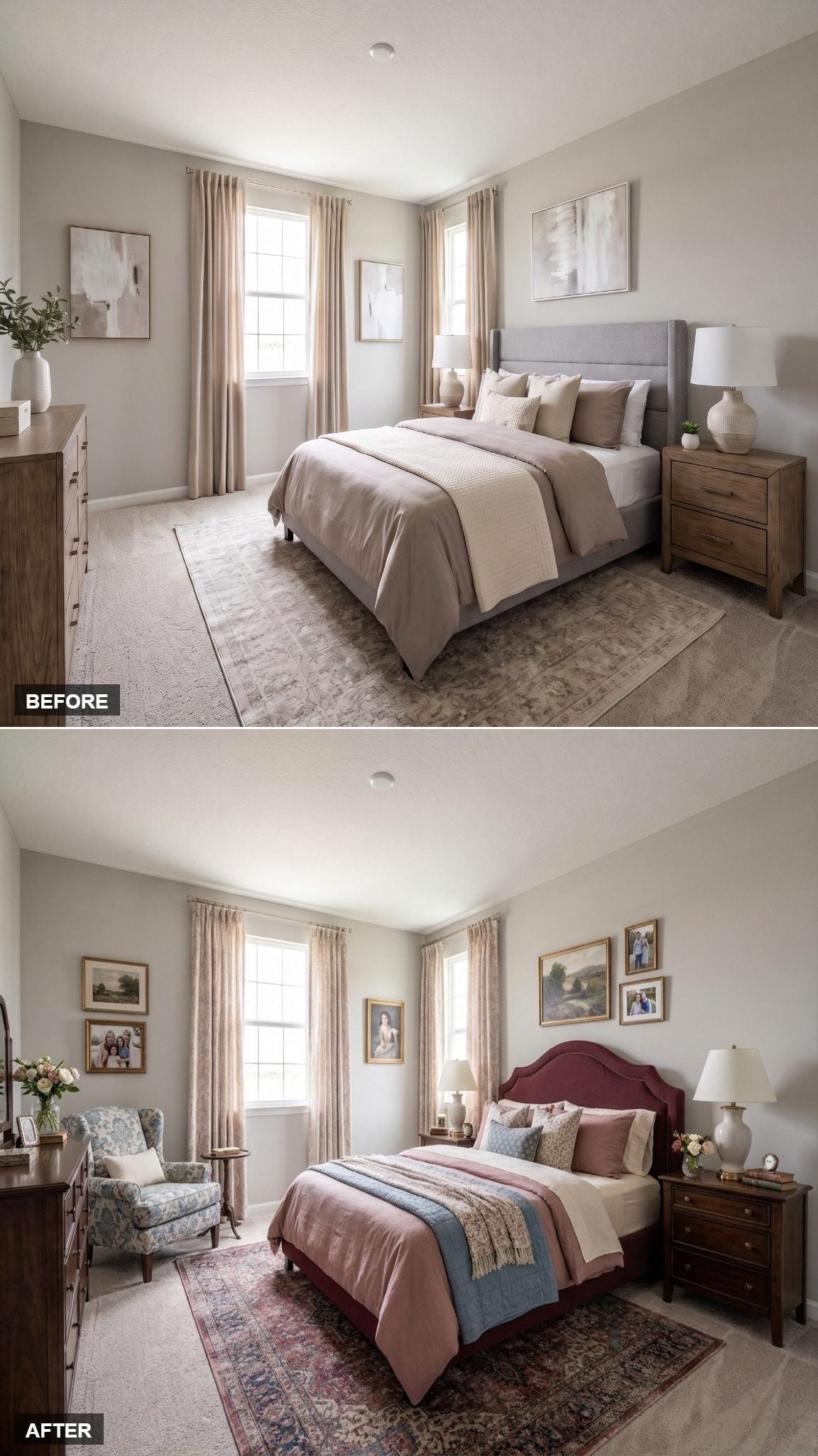 Cranberry Velvet and Family Portraits Gave Her Master Bedroom Its Heart Back