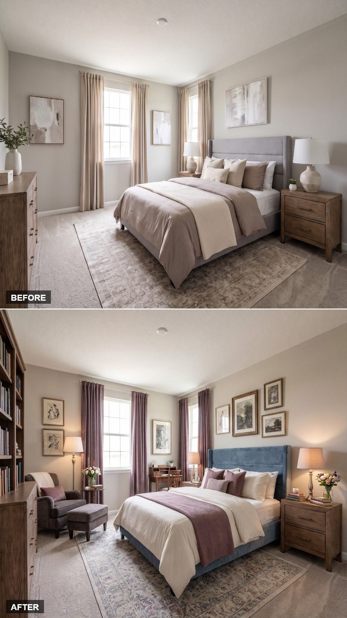 Dusty Rose Curtains and a Blue Velvet Headboard Gave Her Room a Collected, Lived-In Soul