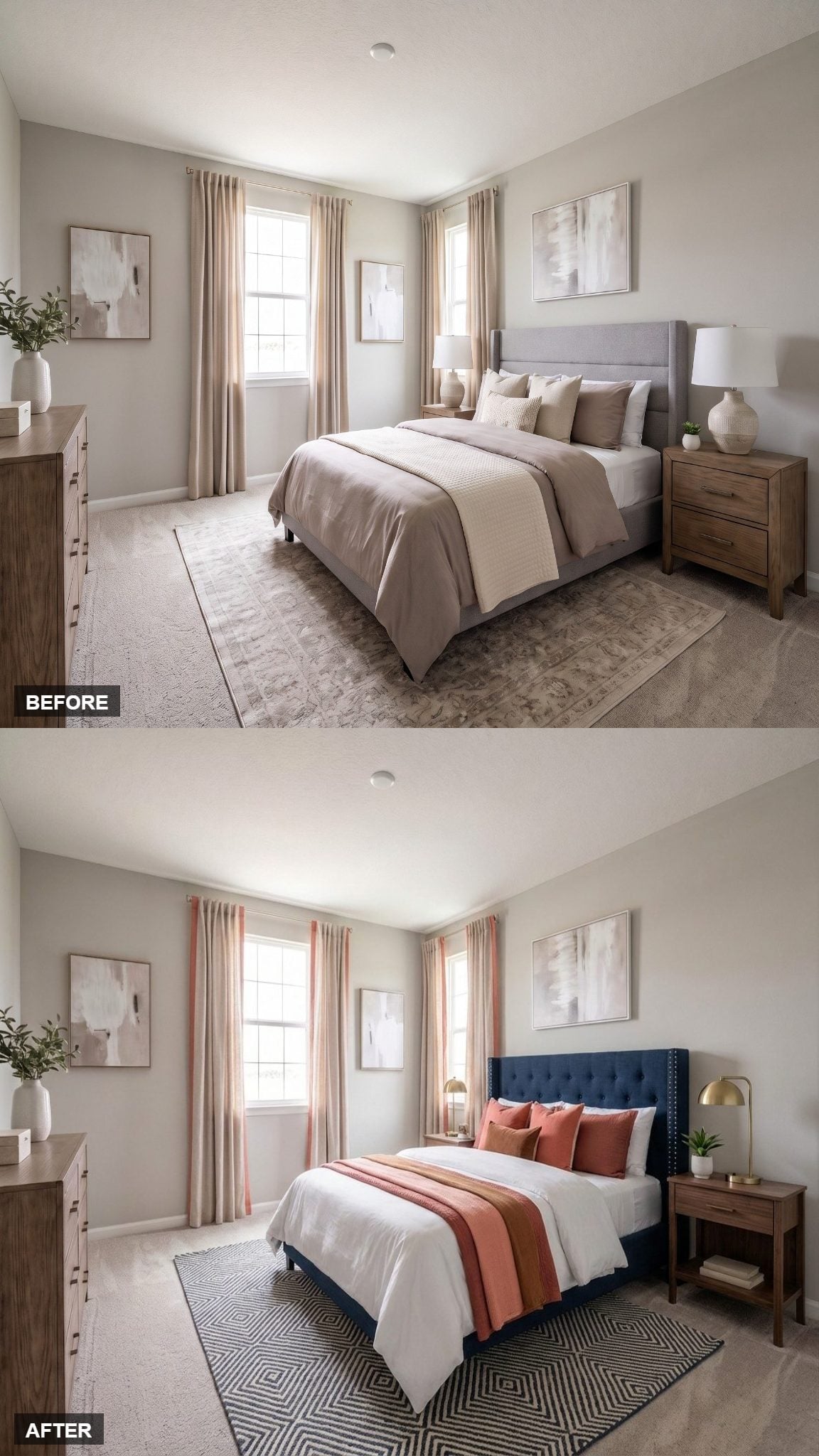 Navy Velvet and Coral Bedding Gave Her Master Bedroom a Color Combination Worth Keeping
