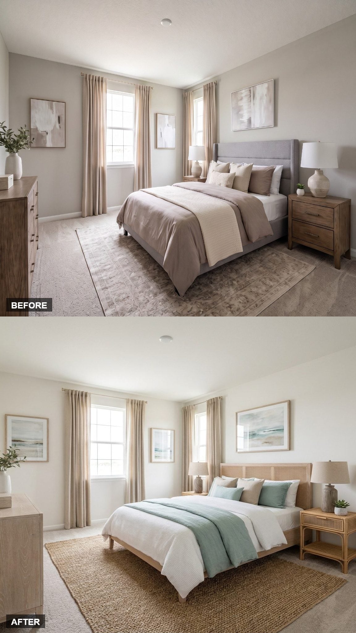 Sage Linen and Cane Furniture Gave Her Master Bedroom a Coastal Exhale