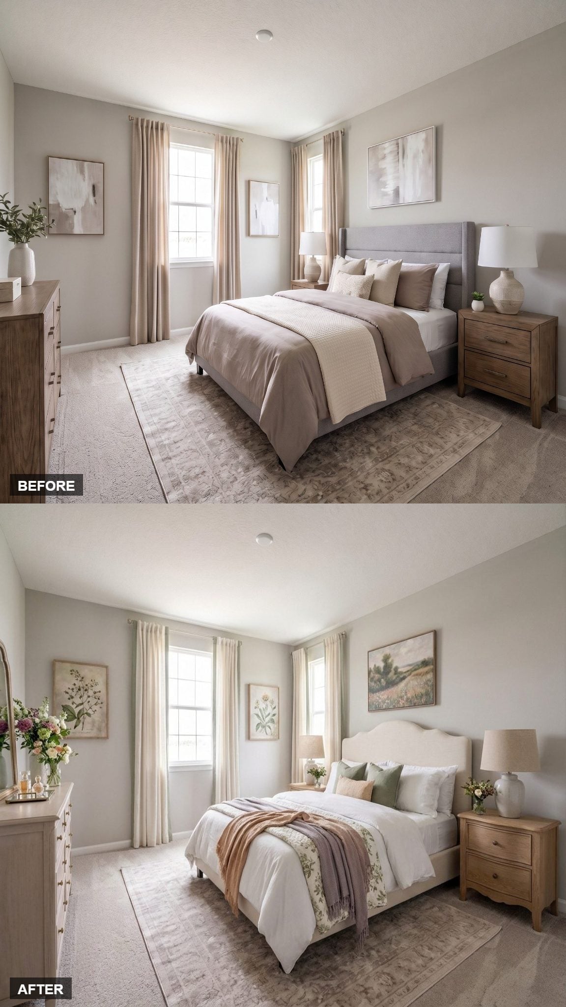 Wildflower Art and a Cream Upholstered Headboard Made Her Bedroom Feel Like Spring Stayed