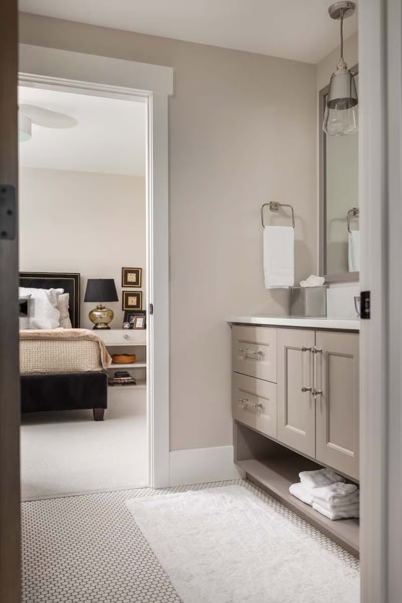 Greige Vanity, Penny Tile, and a Bedroom That's Only Steps Away
