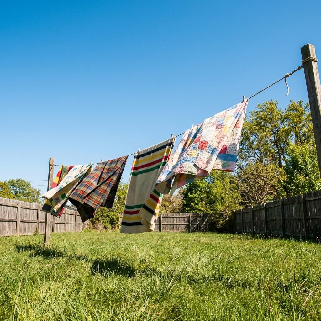 Airing the Blankets and Quilts Over the Clothesline