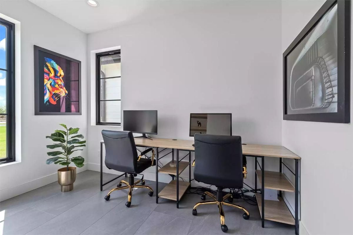 Gold Chair Bases and a Pop-Art Lion Keep This Home Office from Playing It Safe