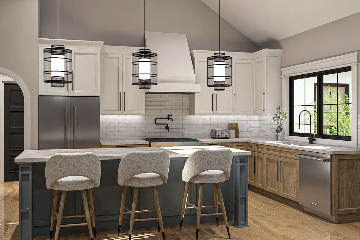 Black Cage Pendants and a Two-Tone Cabinet Scheme Worth Stealing