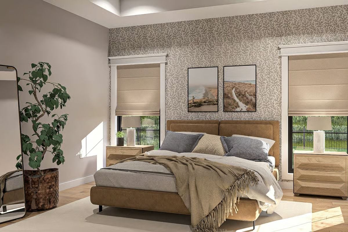 Caramel Leather Headboard and Roman Shades Doing the Heavy Lifting