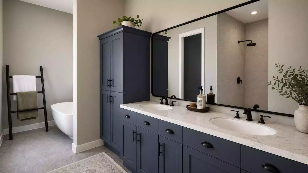 Navy Vanity Cabinet Tall Enough to Actually Store What a Bathroom Needs