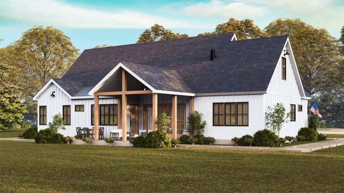 Board-and-Batten White With Natural Wood Posts Does the Heavy Lifting Here