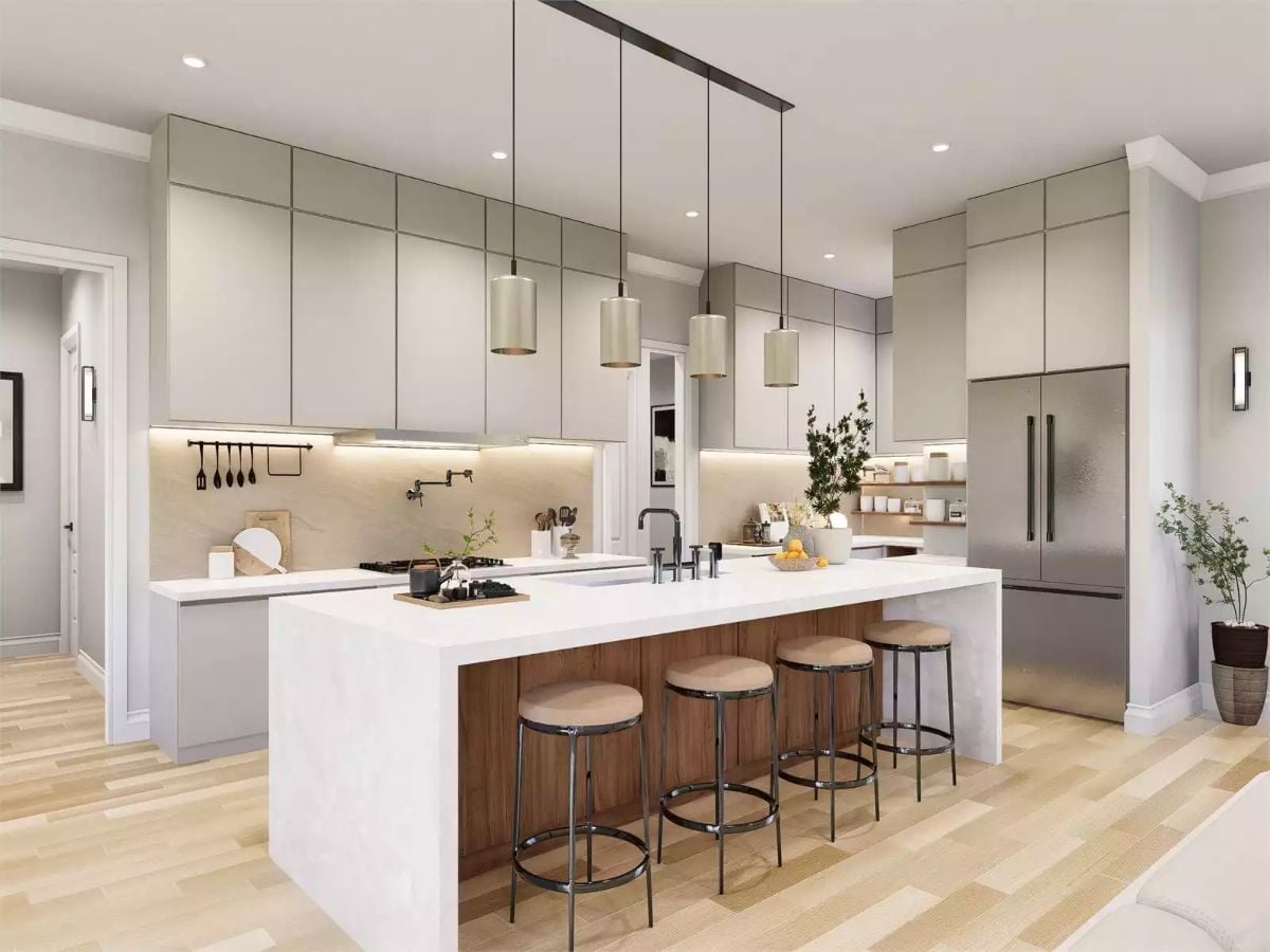 Greige Cabinets and a Walnut Island Base That Actually Earn the Open Layout