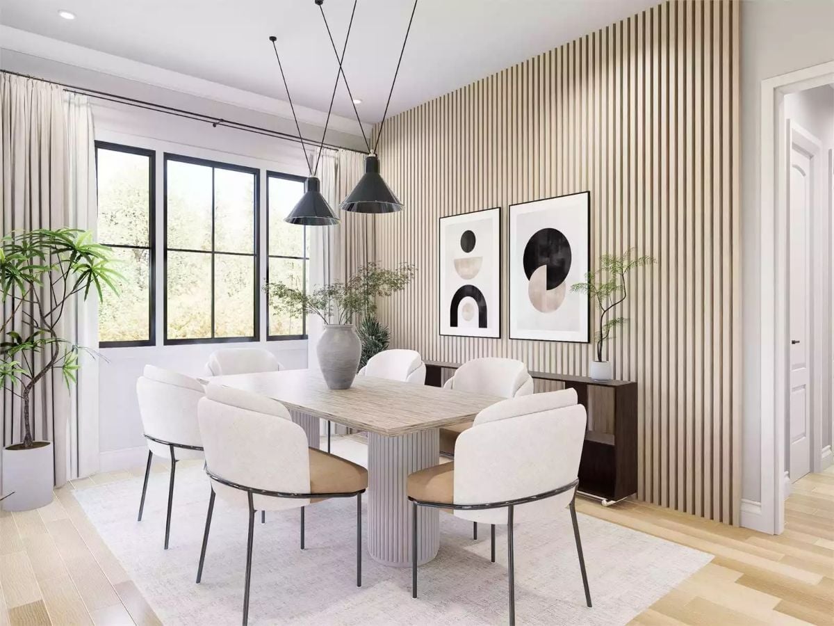Slatted Accent Wall and Black Pendants That Know Exactly What They're Doing