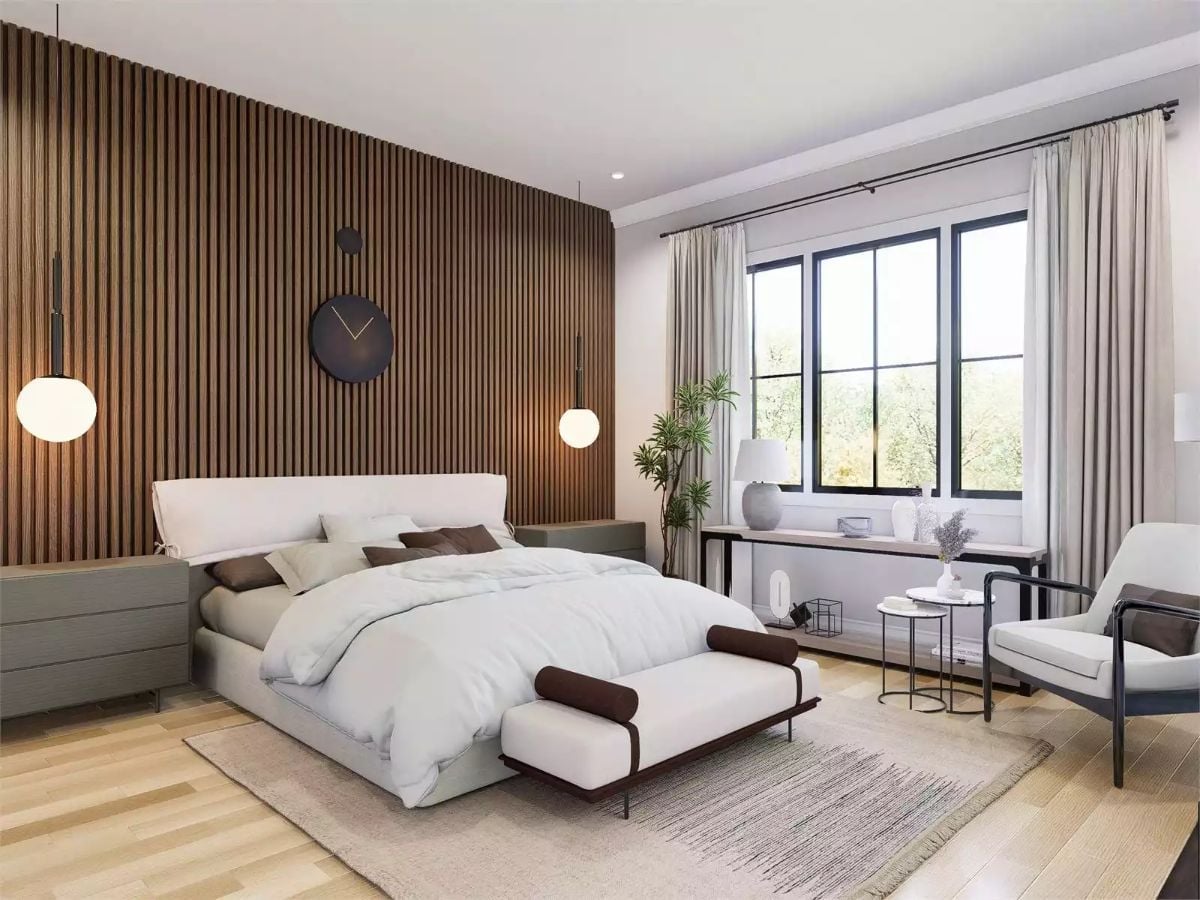 Slatted Walnut Panels and Globe Pendants That Make the Bed Almost Irrelevant