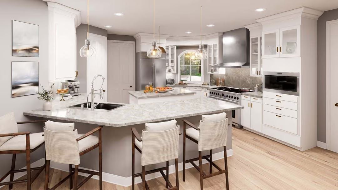 Marble Islands and Pendant Glass in a Kitchen Built for Sunday Mornings