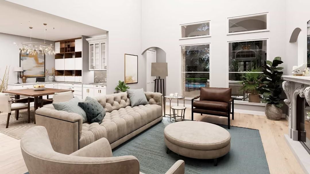 Tufted Velvet and Brown Leather in a Room Built for Staying a While